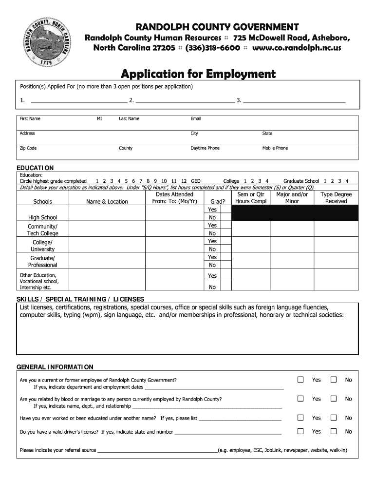 Fillable Online co randolph nc Employment Application Randolph County
