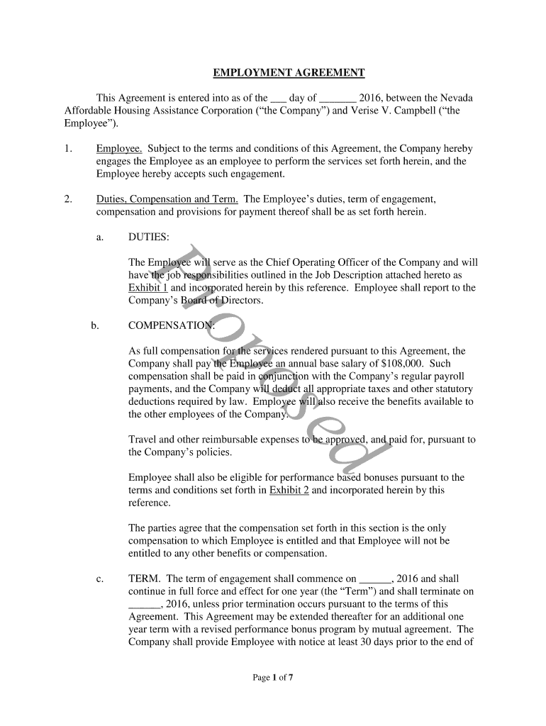 Fillable Online Employment Agreement COO 518 Nevada Hardest Hit