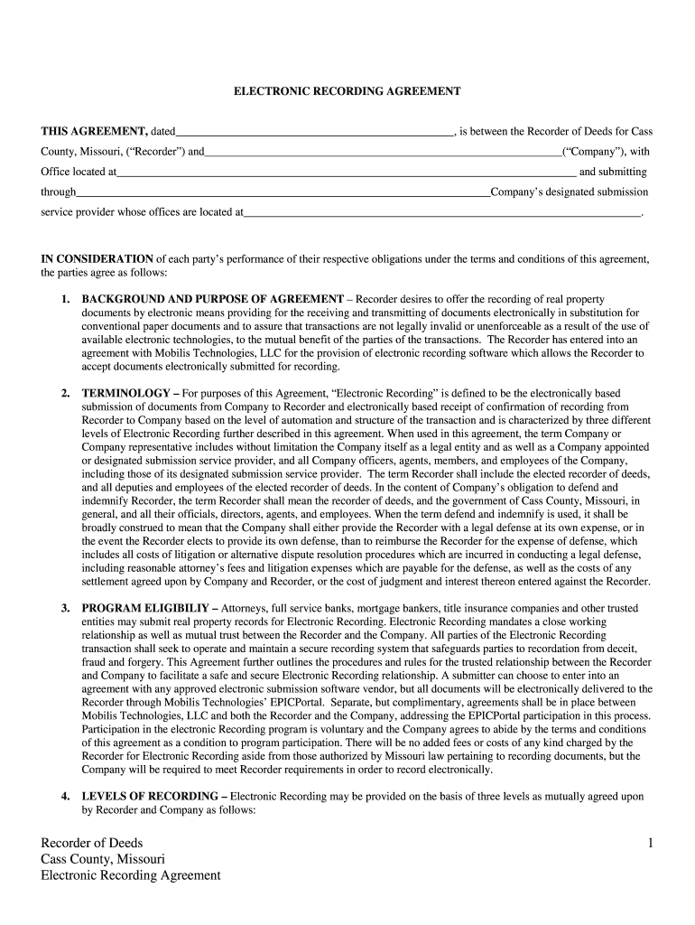 Fillable Online Electronic Recording Agreement Cass County, MO Fax