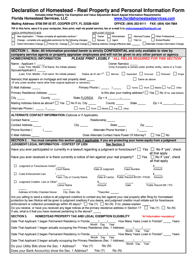 Fillable Online Personal Information Form FL Homestead Service Fax