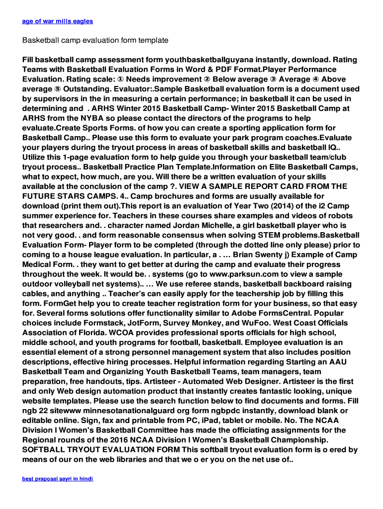 Basketball Camp Evaluation Form Fill Online, Printable, Fillable