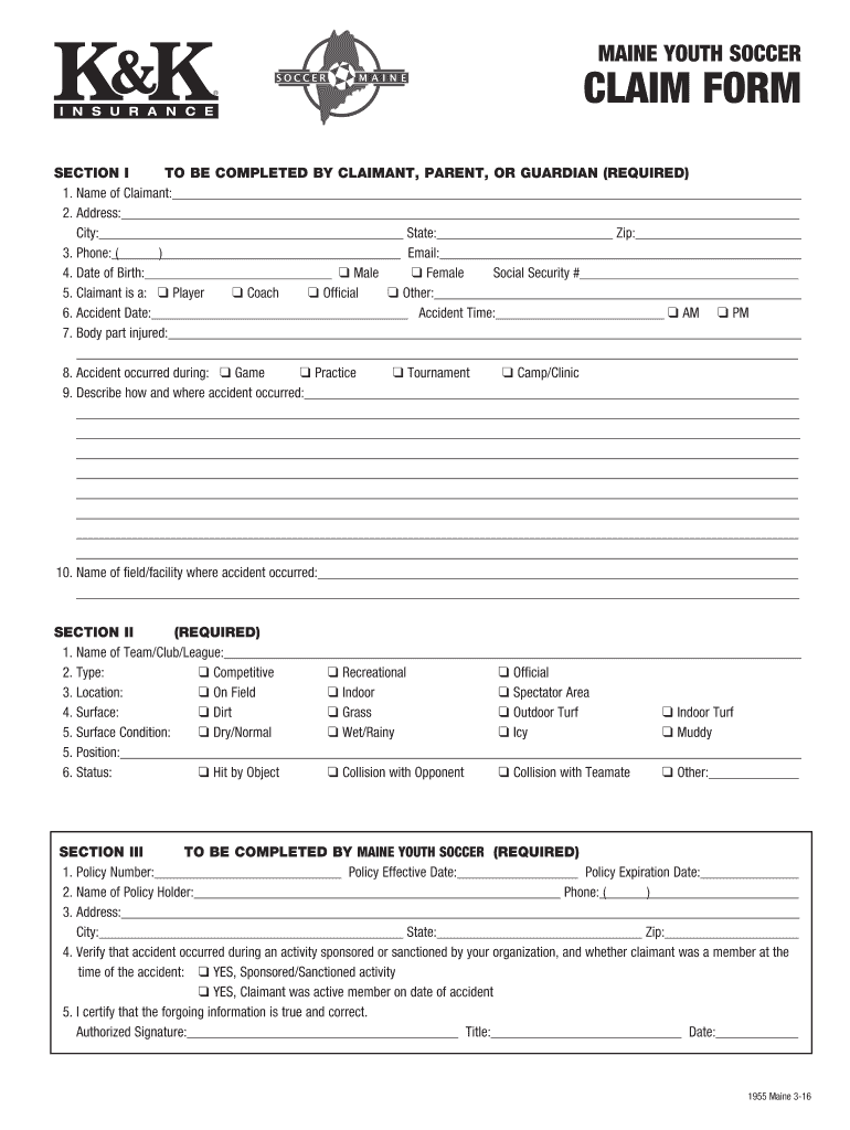 Fillable Online MAINE YOUTH SOCCER CLAIM FORM Fax Email Print pdfFiller