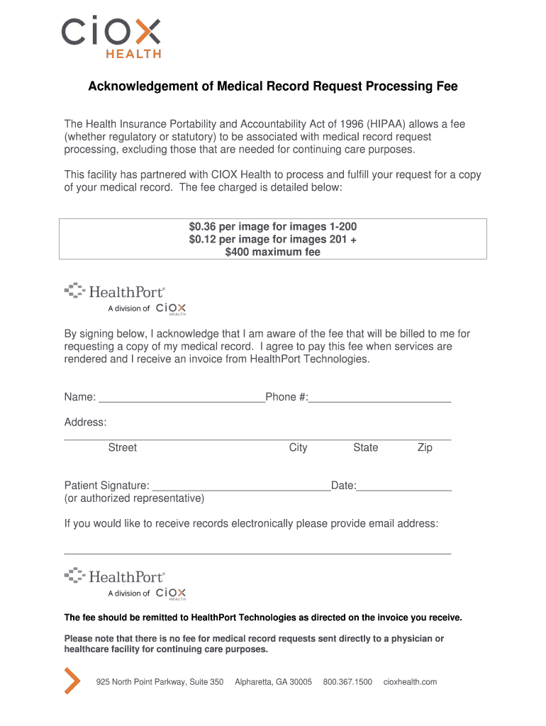 Acknowledgement of Medical Record Request Processing Fee Blank