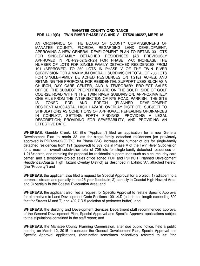 Fillable Online mymanatee MANATEE COUNTY ORDINANCE PDR1419(G) TWIN