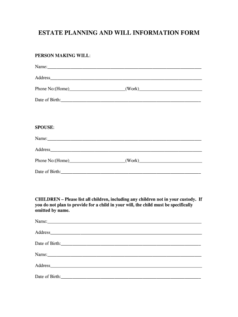 Fillable Online hesslawoffice estate planning and will information form Hess and Jendro Law