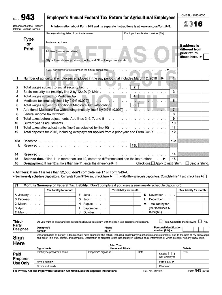 Fillable Online eitc irs 2016 Form 943. Employer's Annual Federal Tax Return for Agricultural