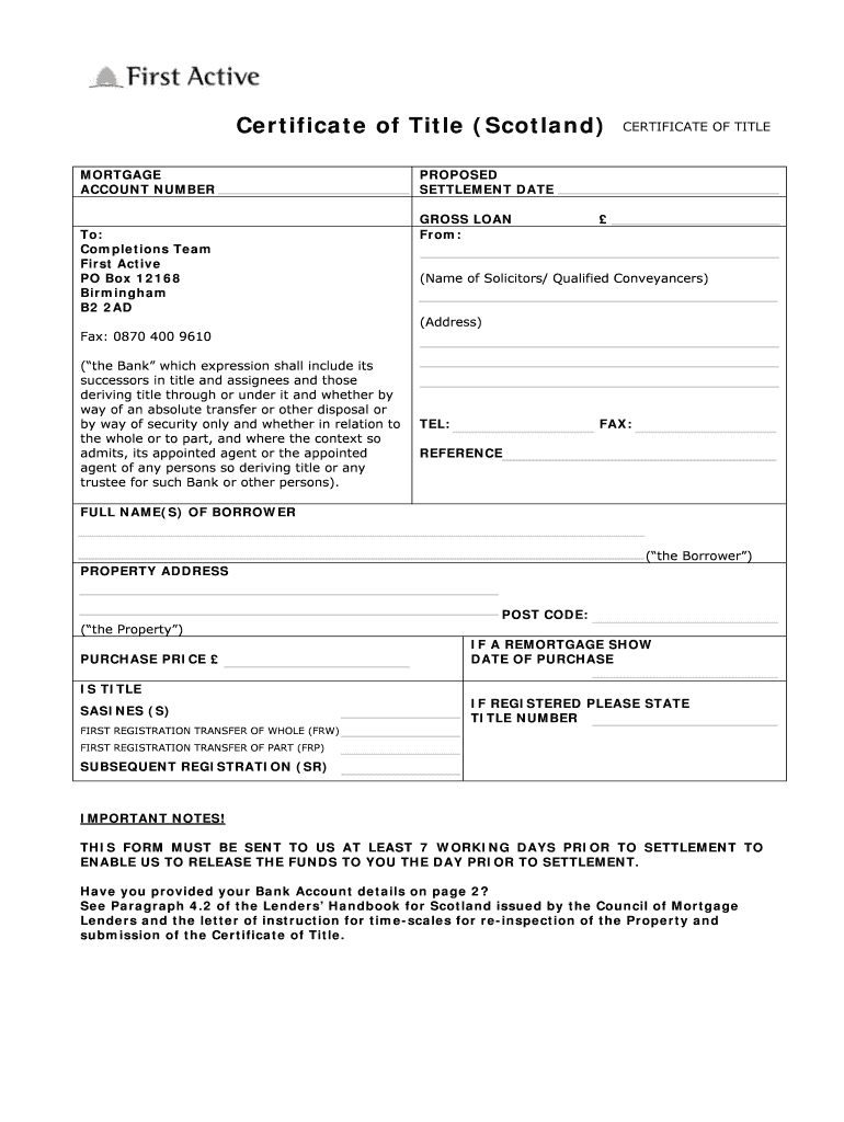Fillable Online First Active Certificate of Title Scotland The One