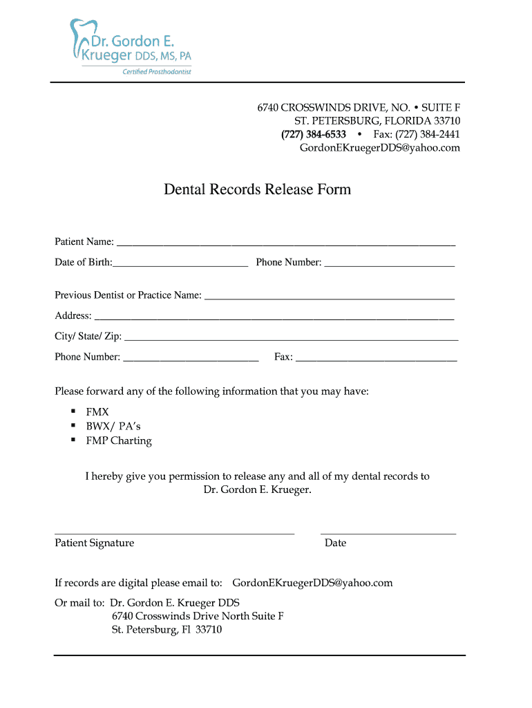 Fillable Online Dental Record Release Form