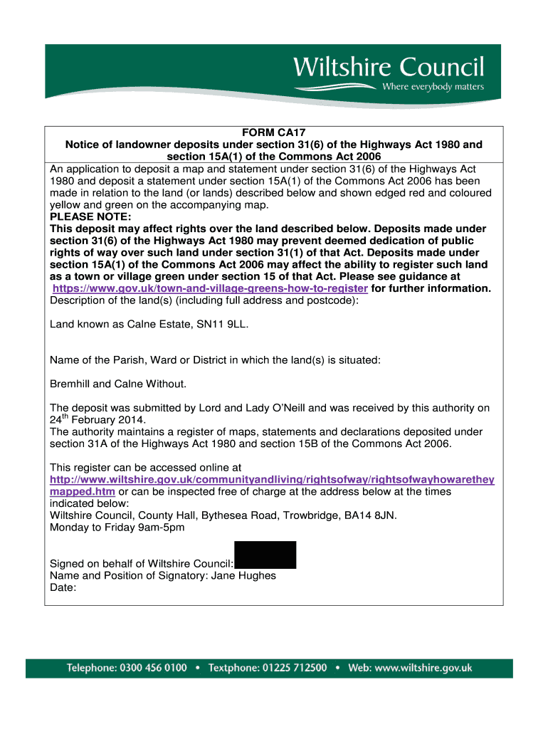 Fillable Online php wiltshire gov FORM CA17 Notice of landowner