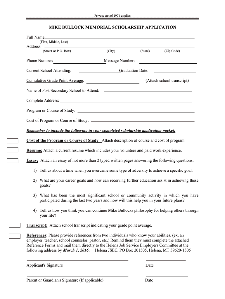 Fillable Online dli mt MIKE BULLOCK MEMORIAL SCHOLARSHIP APPLICATION