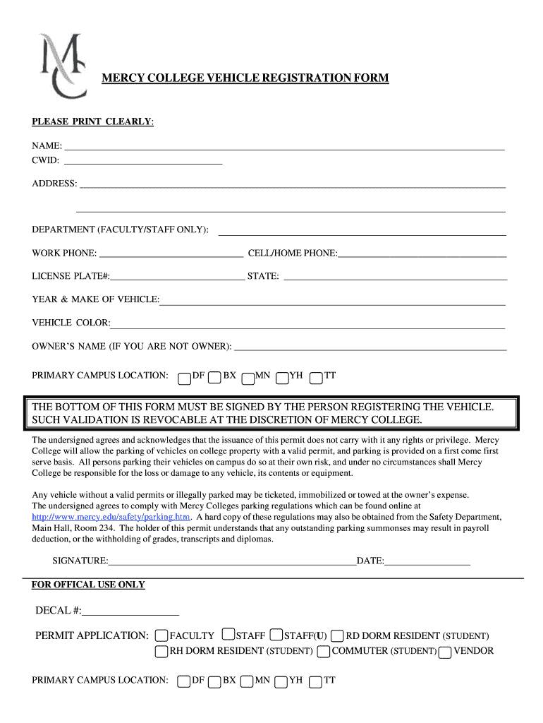Fillable Online mercy MERCY COLLEGE VEHICLE REGISTRATION FORM mercy
