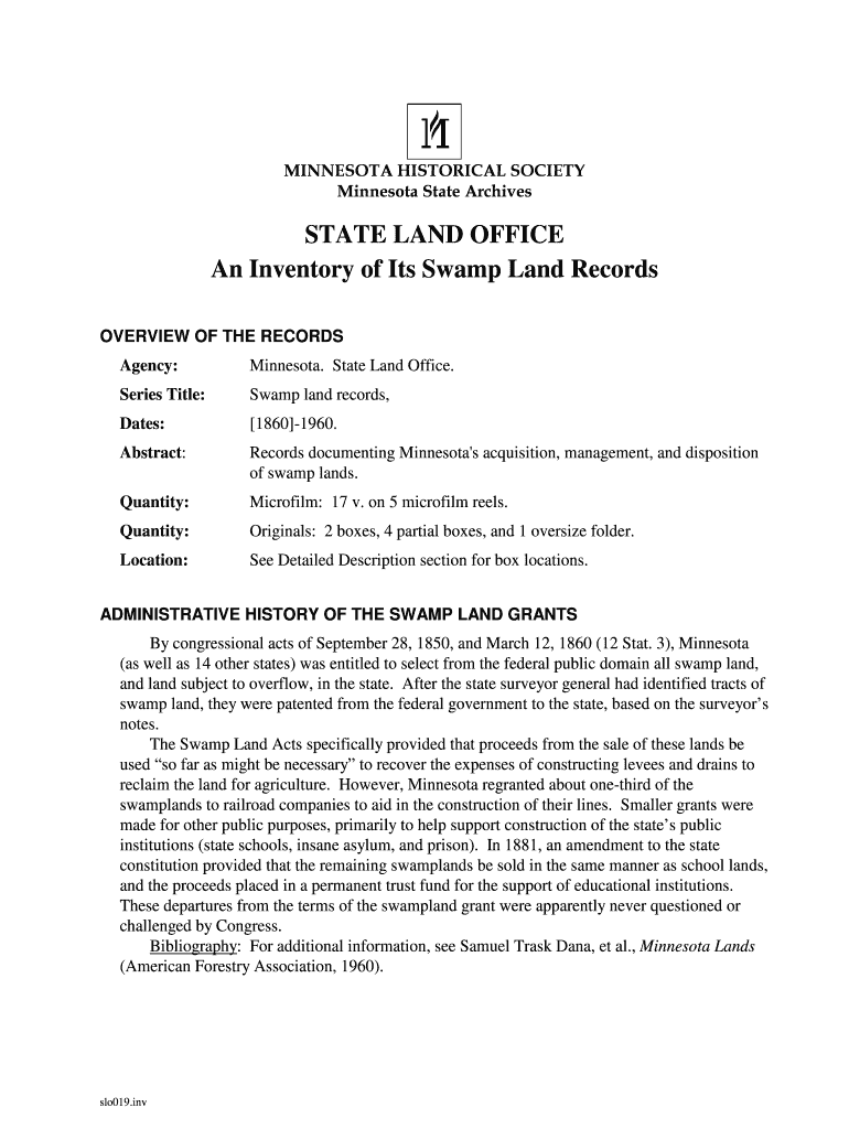 Fillable Online sosbluewaters STATE LAND OFFICE An Inventory of Its