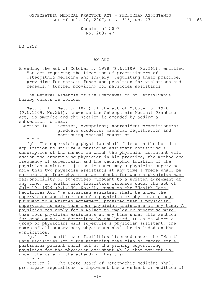 Fillable Online OSTEOPATHIC MEDICAL PRACTICE ACT PHYSICIAN ASSISTANTS