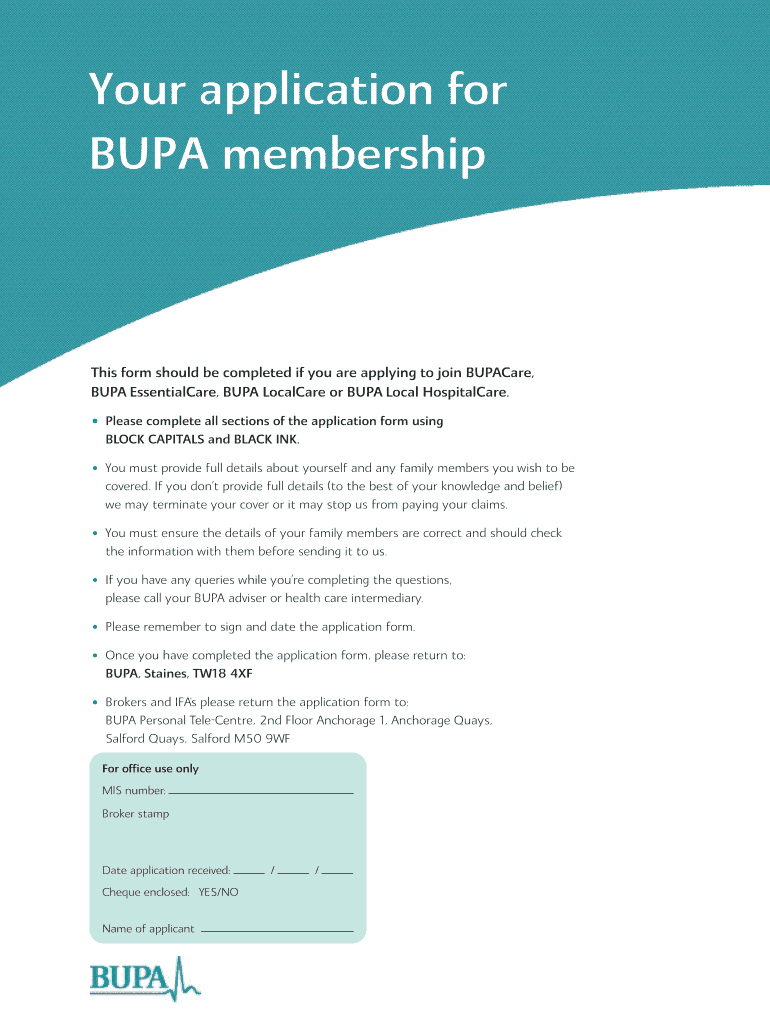 Fillable Online BUPA No Further Underwriting Application form.pdf SMQ