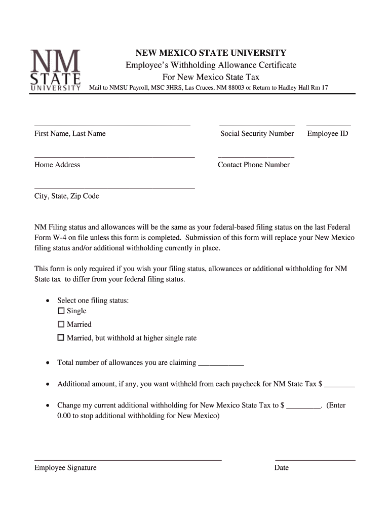 Fillable Online hr nmsu Withholding Allowance Certificate New Mexico State University Fax