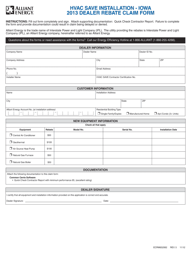 Fillable Online Hvac save installation iowa 2013 dealer rebate claim