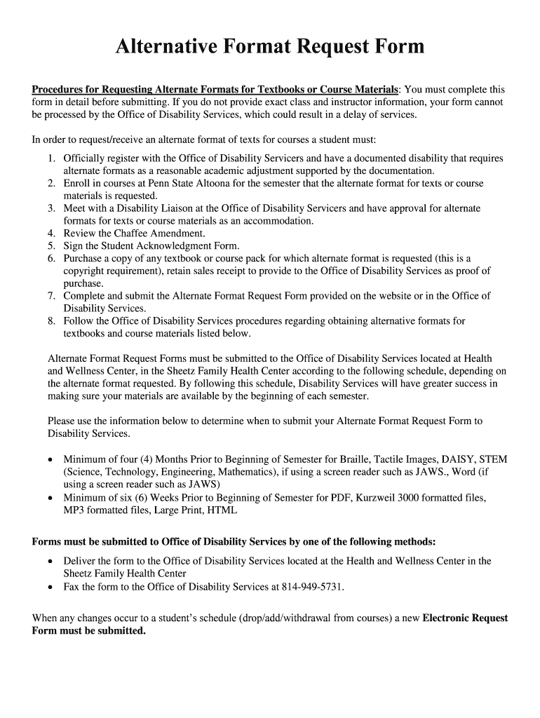 Fillable Online altoona psu Alternative Format Request Form Penn