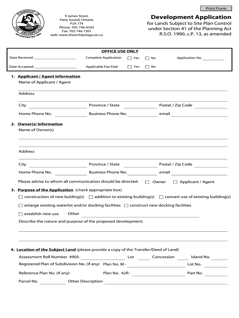 Fillable Online Development Application Form Township of the