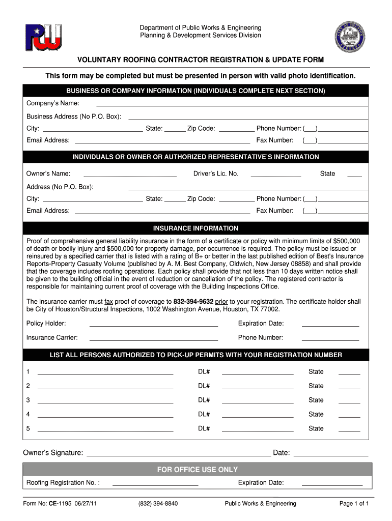 Fillable Online CE1195 Voluntary Roofing Contractor Registration Form