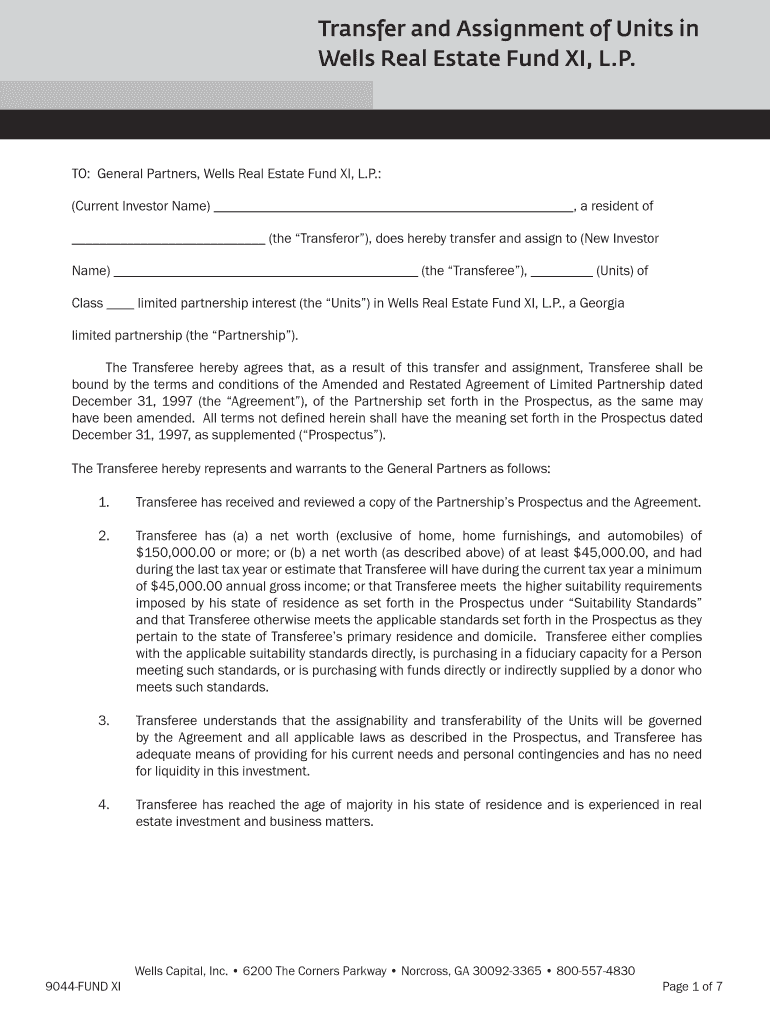 Fillable Online Transfer and Assignment of Units in Wells Real Estate