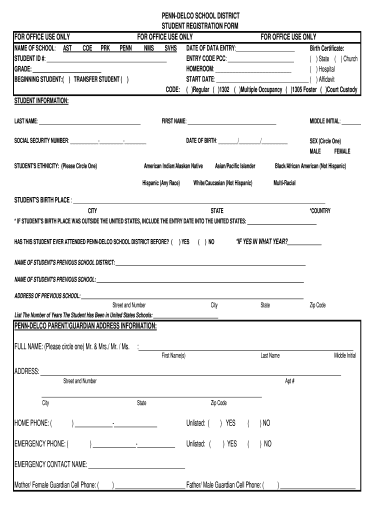 Fillable Online Penndelco school district student registration form