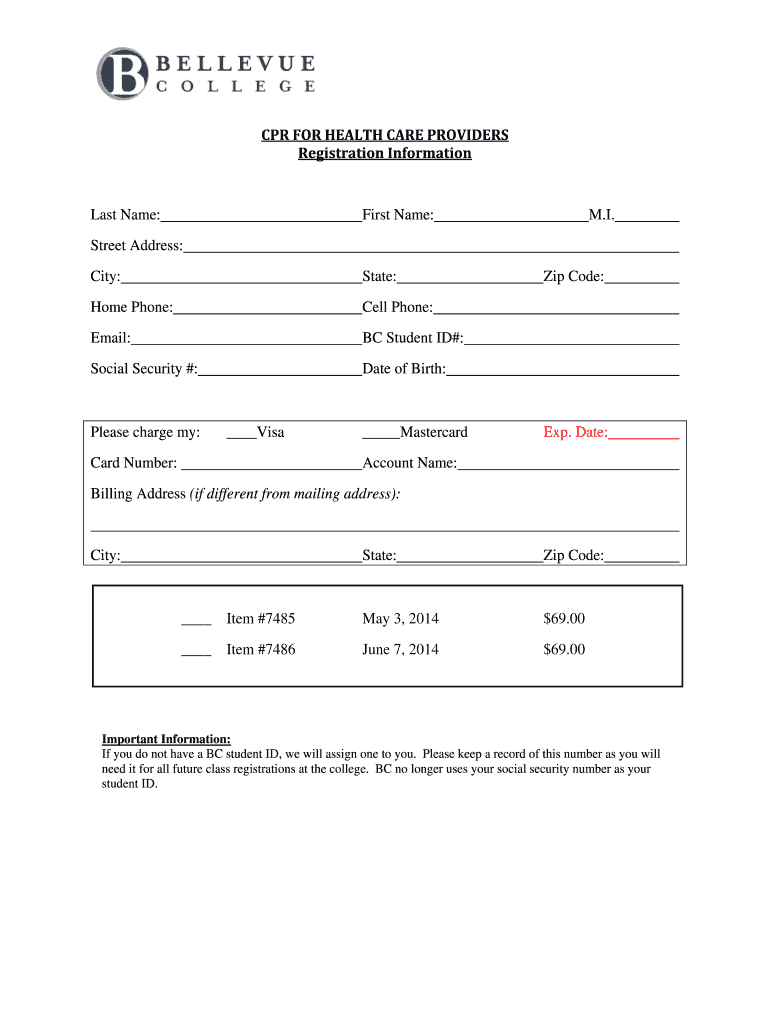 Fillable Online CPR Registration Form Bellevue College Fax Email