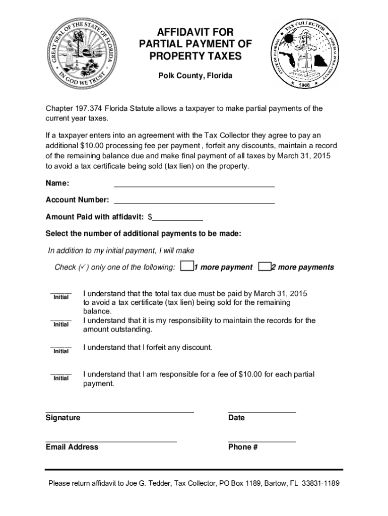 Fillable Online Affidavit For Partial Payment Of Property Taxes form Tax Collector Fax