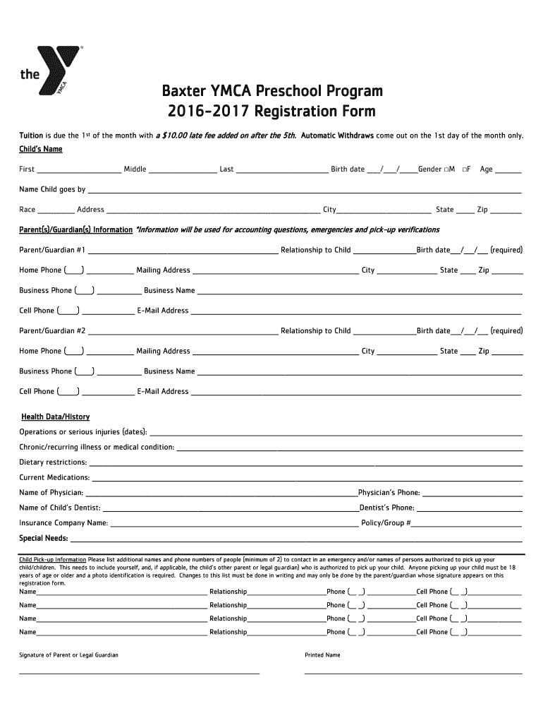Fillable Online indymca Baxter YMCA Preschool Program Fax Email Print