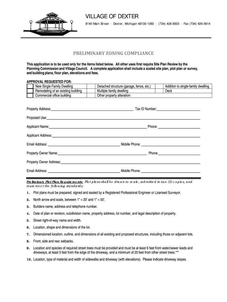 Fillable Online PRELIMINARY ZONING COMPLIANCE Dexter, Michigan Fax