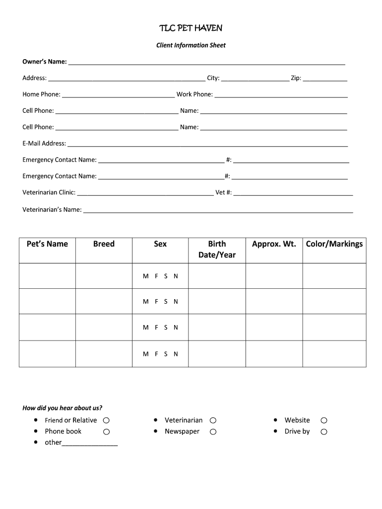 Fillable Online TLC PET HAVEN Fax Email Print pdfFiller