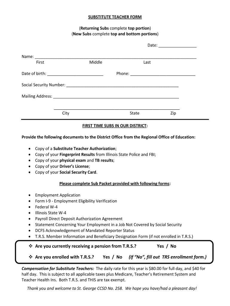 Fillable Online SUBSTITUTE TEACHER FORM Returning Subs complete top Fax Email Print pdfFiller