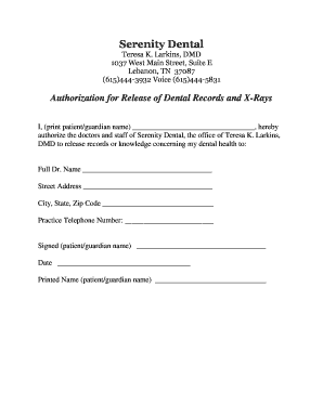 Fillable Online Authorization for Release of Dental Records and... Fax