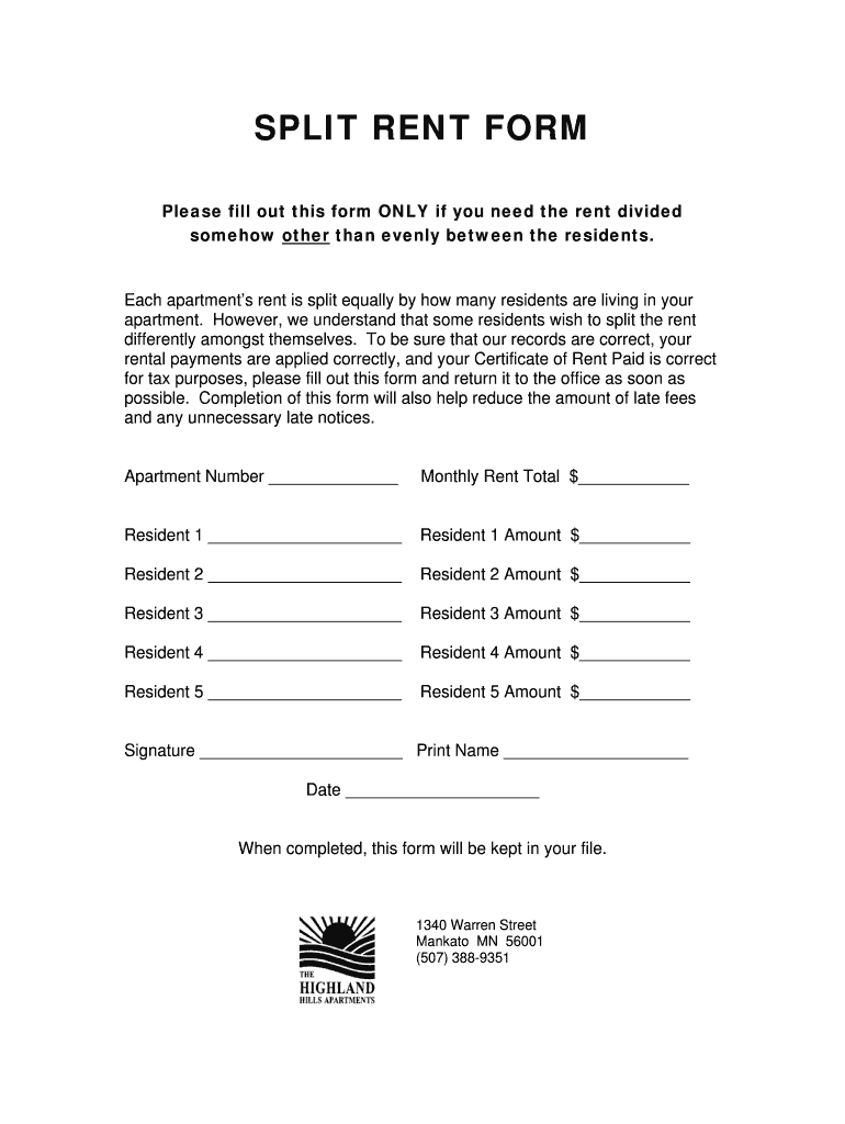 Fillable Online SPLIT RENT FORM Fax Email Print pdfFiller