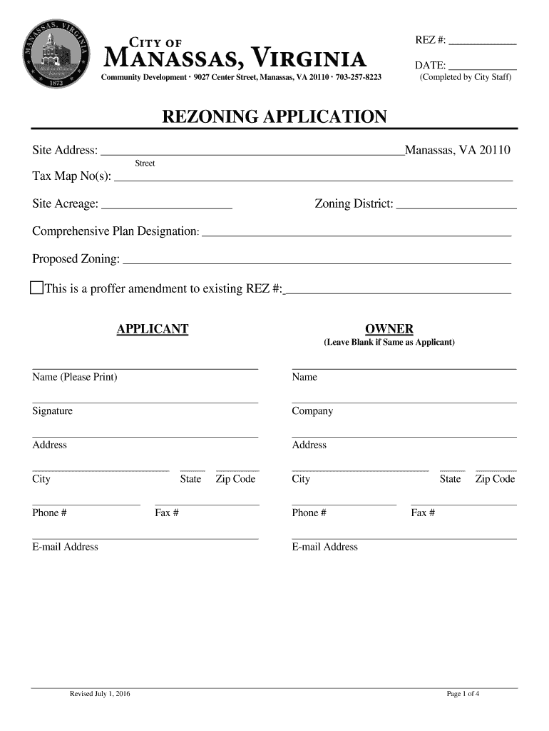 Fillable Online manassascity Rezoning Application Package City of Manassas Fax Email Print
