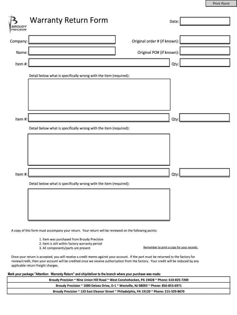 Fillable Online Warranty Return Form Fax Email