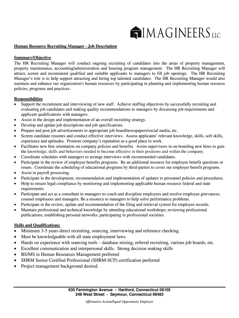 Fillable Online Human Resource Recruiting Manager Job Description Fax