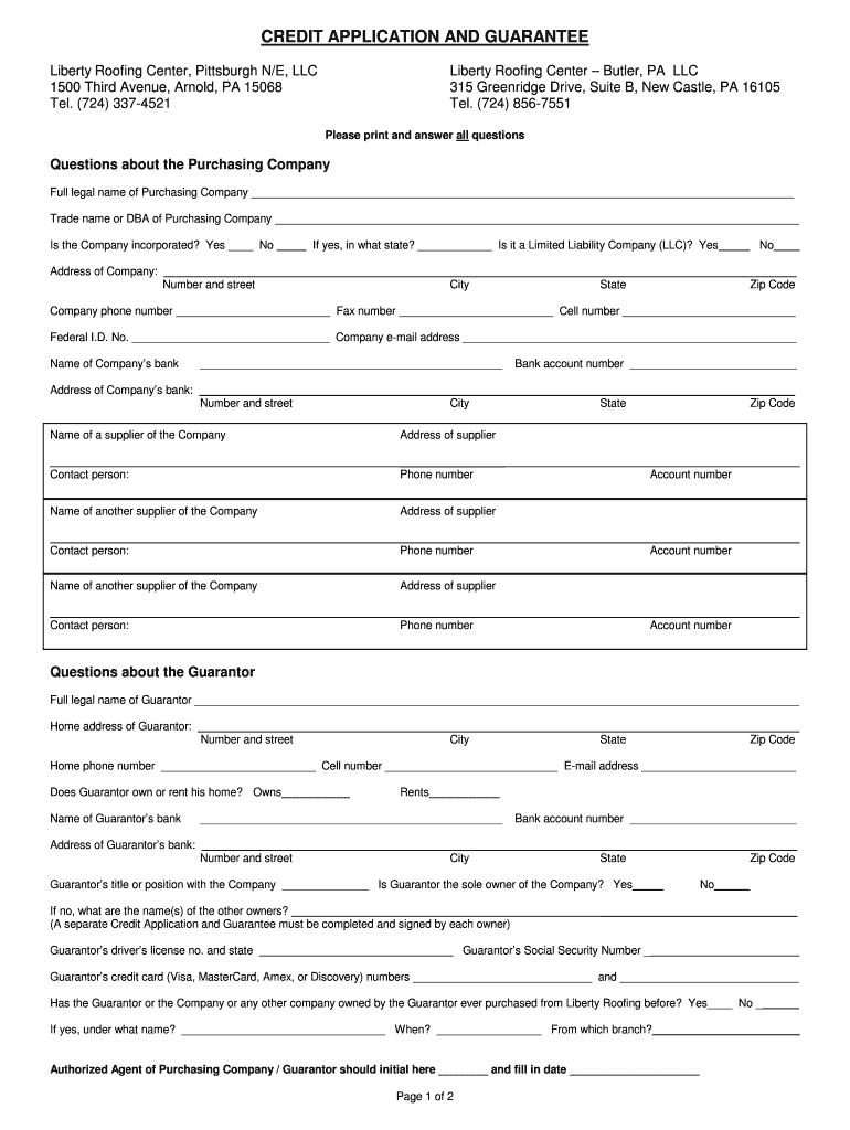 Fillable Online Credit application and guarantee Western PA ver. 102413