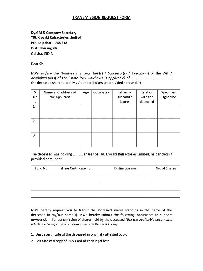 Fillable Online TRANSMISSION REQUEST FORM Fax Email