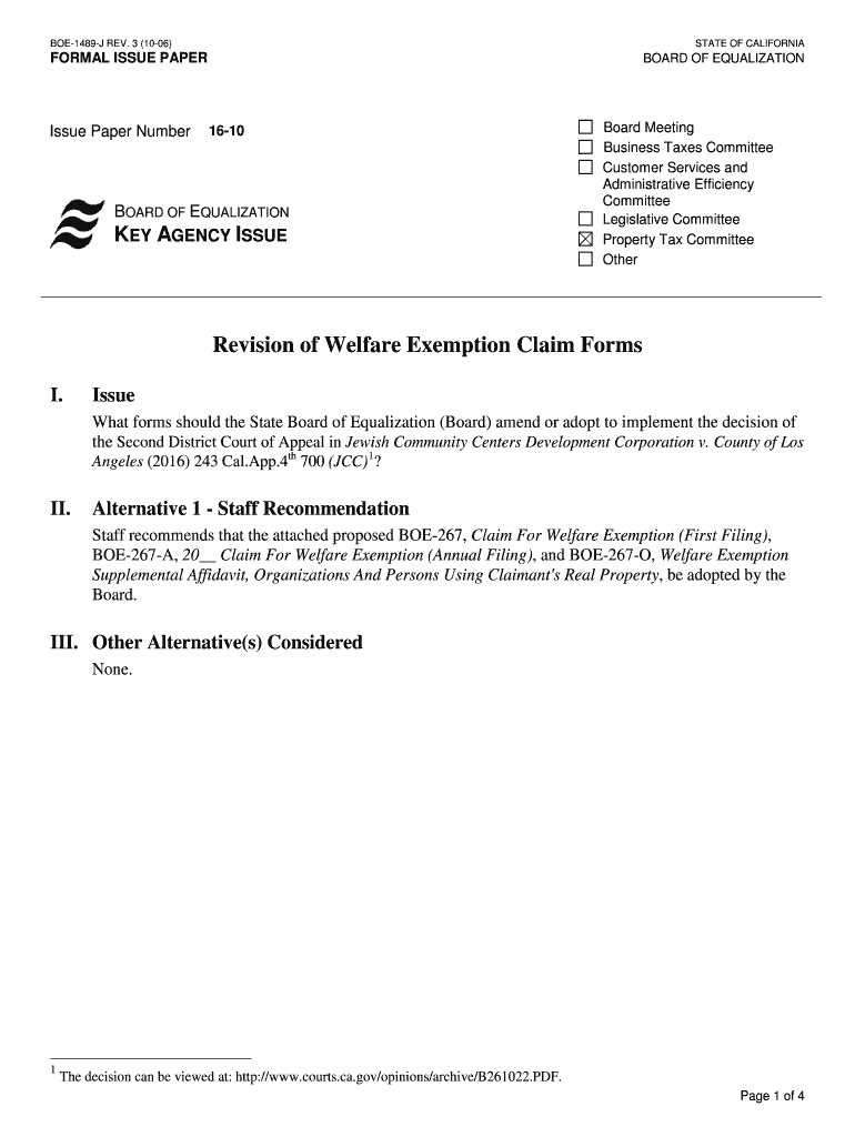 Fillable Online boe ca Issue Paper 1610, Revision of Welfare Exemption
