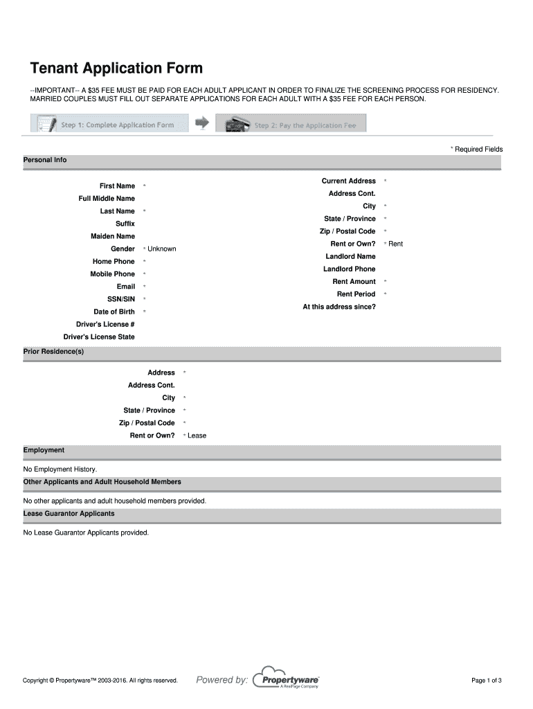 Fillable Online Tenant Application Propertyware Fax Email Print