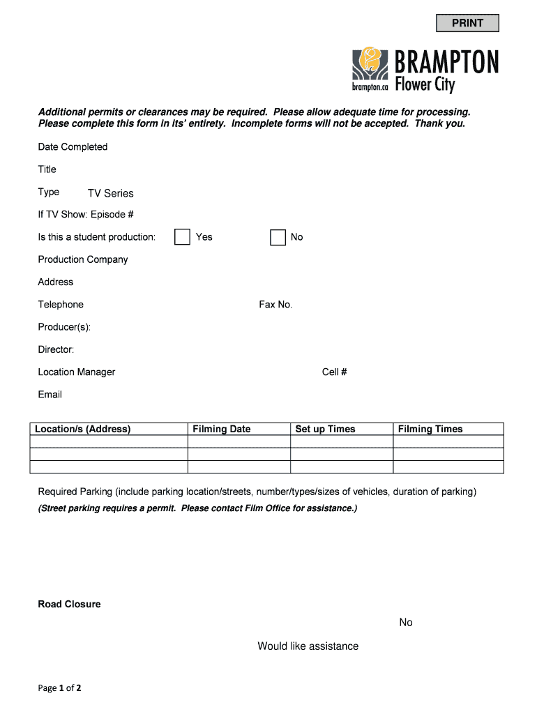Fillable Online brampton Film Permit Application Form City of
