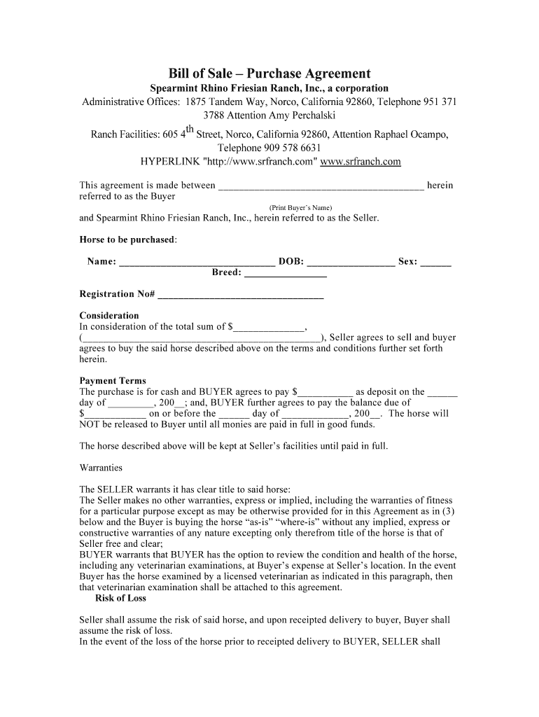 Fillable Online Bill of Sale Purchase Agreement Fax Email Print pdfFiller