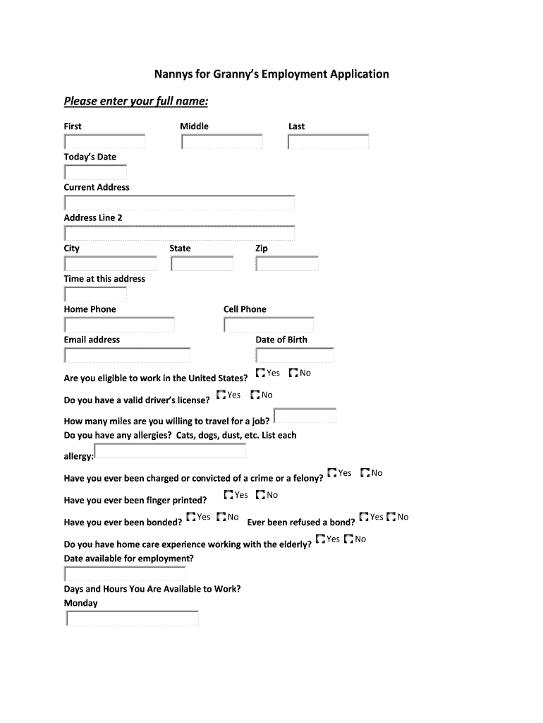 Fillable Online Nannys for Granny s Employment Application Fax Email