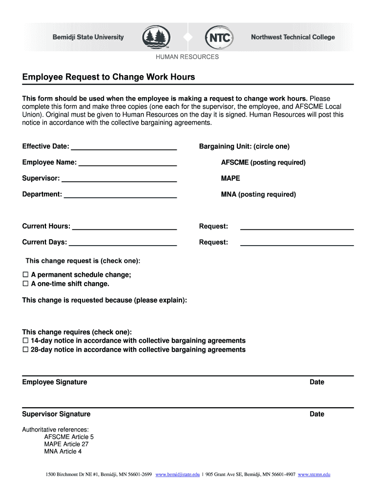 Fillable Online bemidjistate Employee Request to Change Work Hours Fax