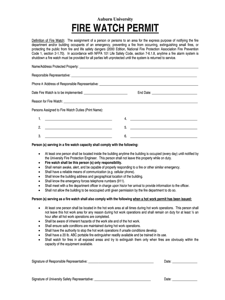 Fillable Online FIRE WATCH PERMIT Fax Email Print pdfFiller
