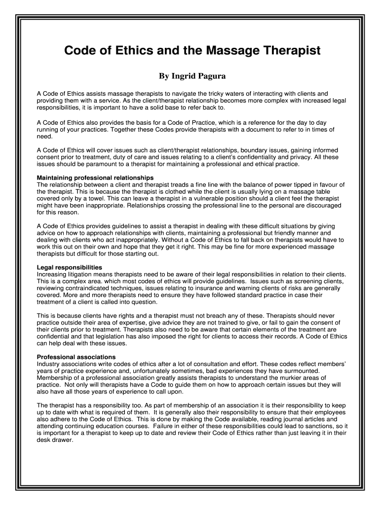 Fillable Online Code of Ethics and the Massage Therapist Fax Email