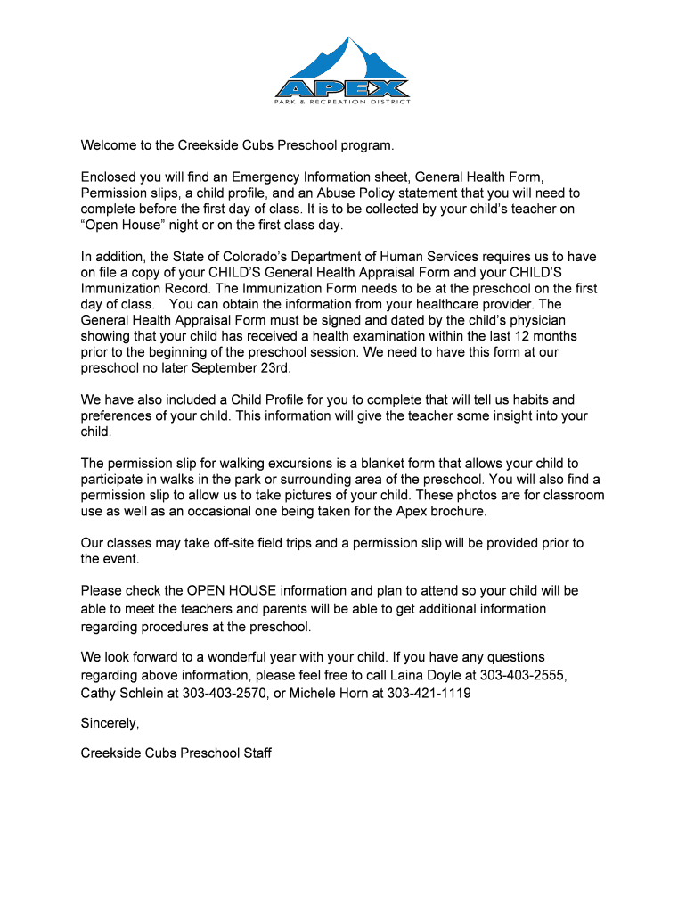 Fillable Online apexprd to the Creekside Cubs Preschool program apexprd Fax Email