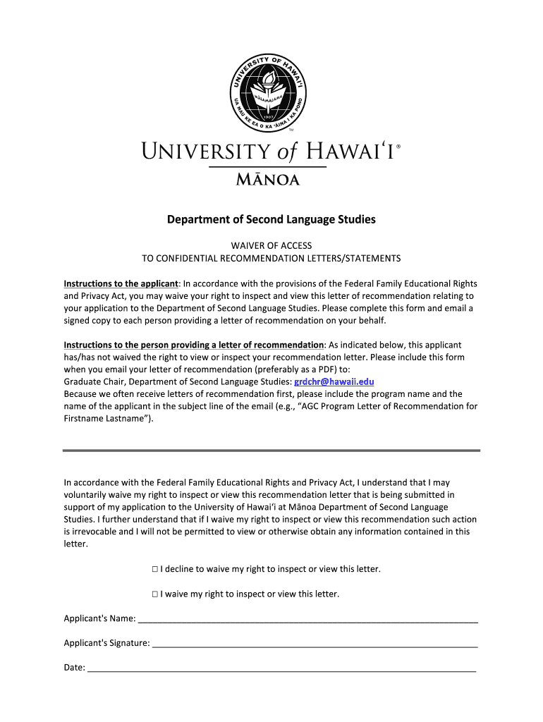 Fillable Online hawaii UHM DSLS Waiver Form AGC University of Hawaii