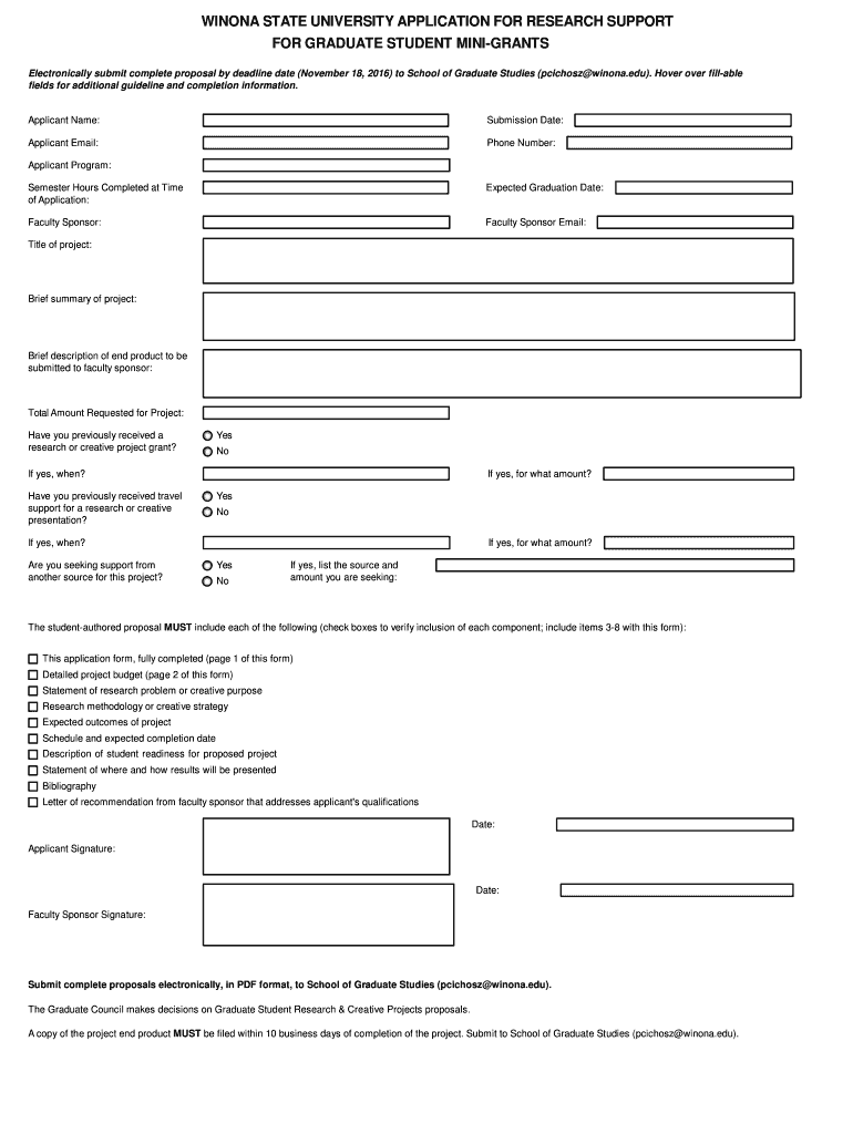 Fillable Online winona WINONA STATE UNIVERSITY APPLICATION FOR RESEARCH