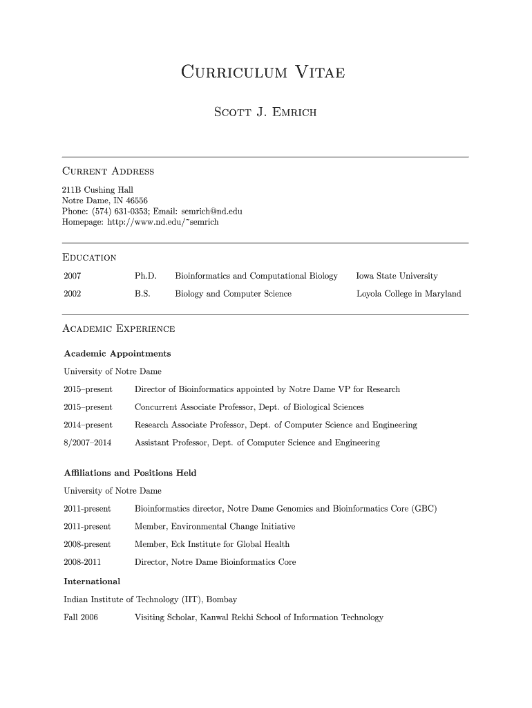 Fillable Online www3 nd Curriculum Vitae University of Notre Dame Fax